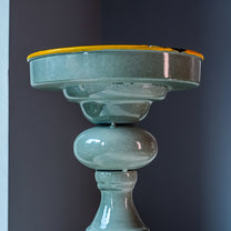 Metal Candle Holder, Grey w/ Yellow Rim, Small