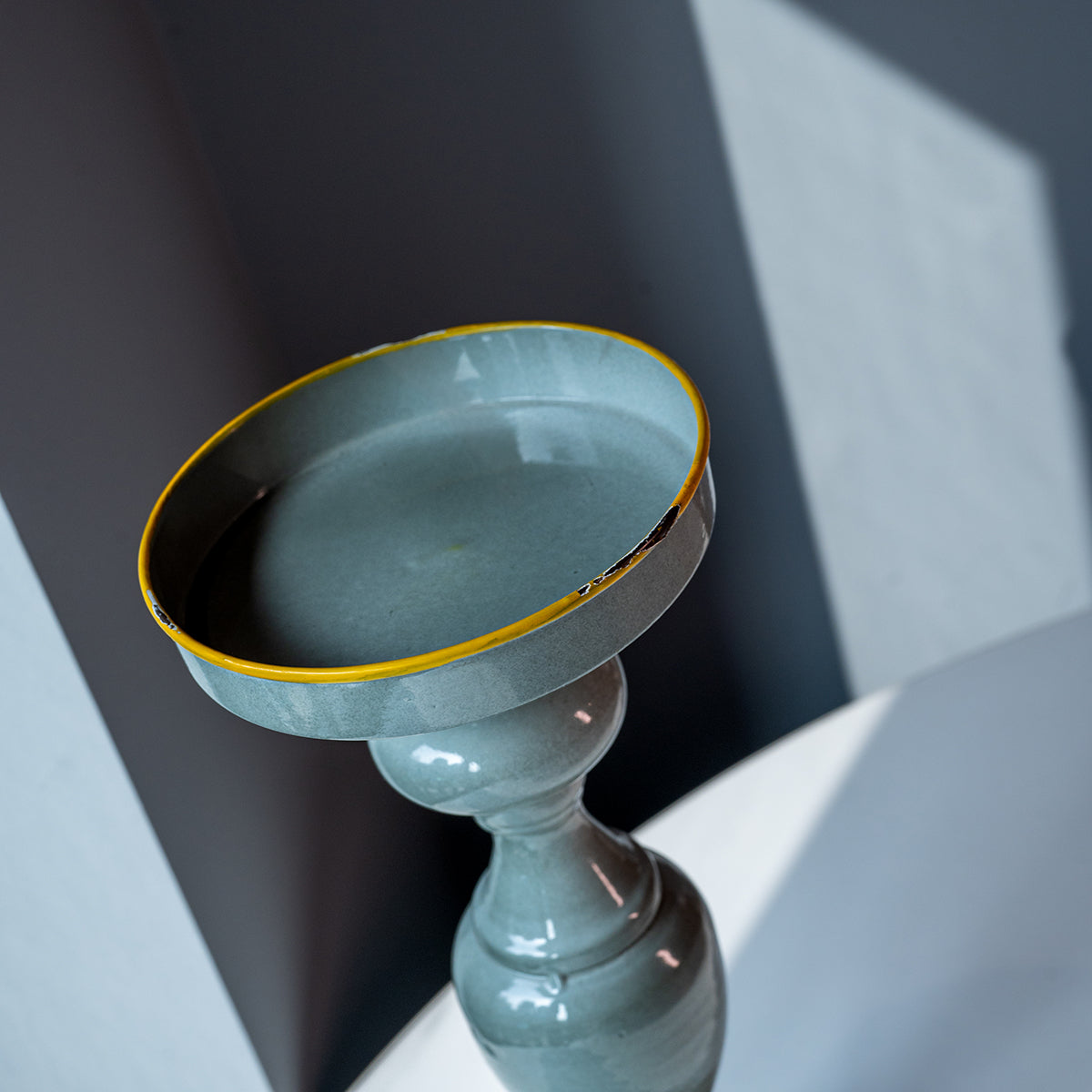 Metal Candle Holder, Grey w/ Yellow Rim, Small