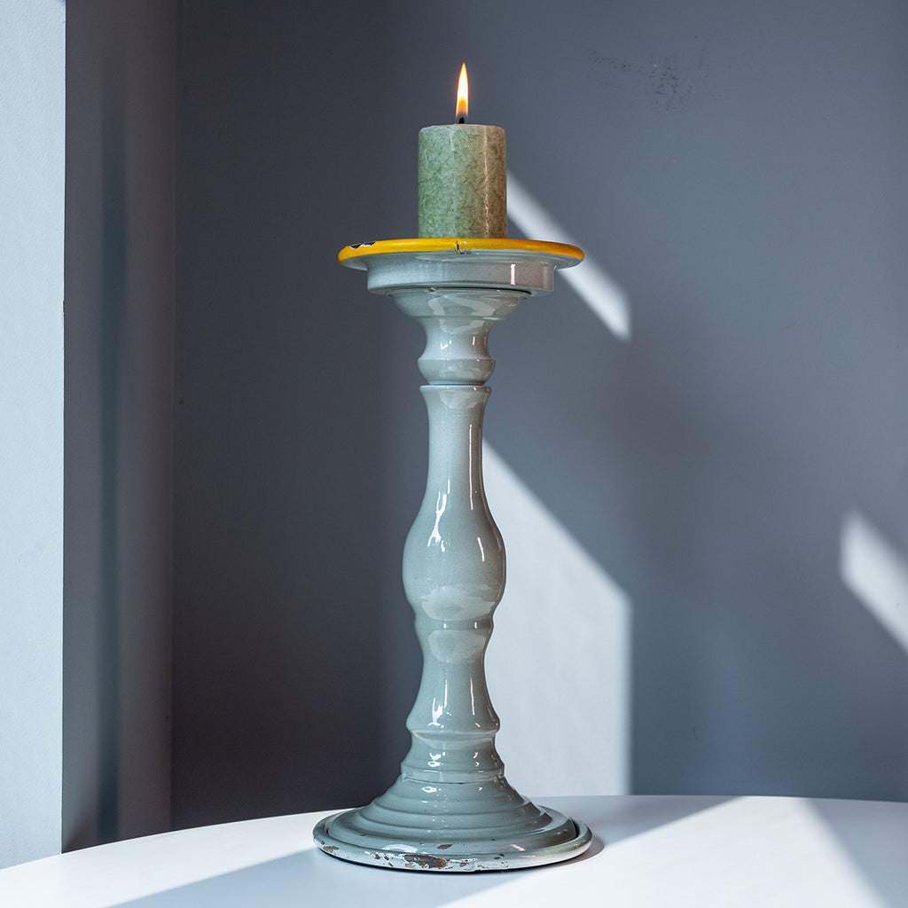 Metal Candle, Holder, Grey w/ Yellow Rim, Large