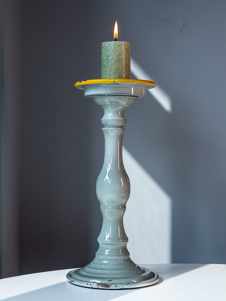 Metal Candle, Holder, Grey w/ Yellow Rim, Large