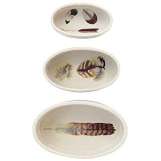 Stoneware Oval Ramekins w/ Feathers, Set of 3 