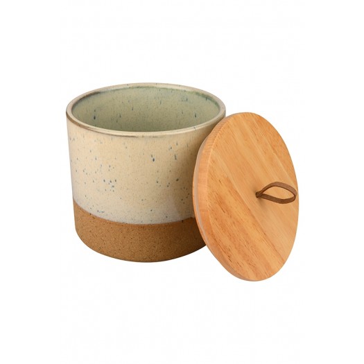 Stoneware Jar w/ Wood Lid & Leather Loop, Cream