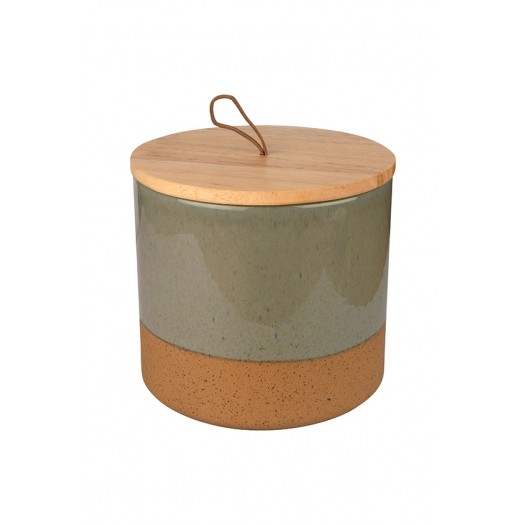 Stoneware Jar w/ Wood Lid & Leather Loop, Grey