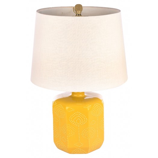 Stoneware Table Lamp w/ Embossed Flowers & Linen Shade, Yellow           
