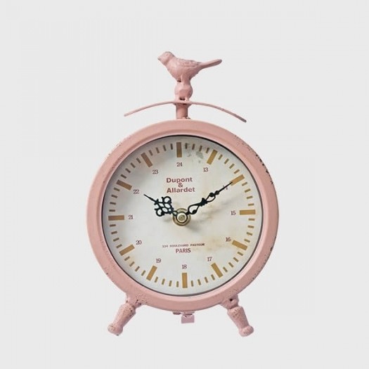 Metal & Glass Table Clock with Bird , Pink