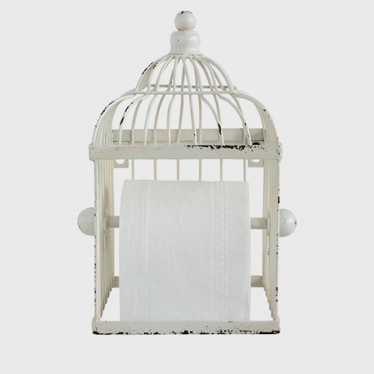 Metal Birdcage shaped toilet paper holder, Distressed White