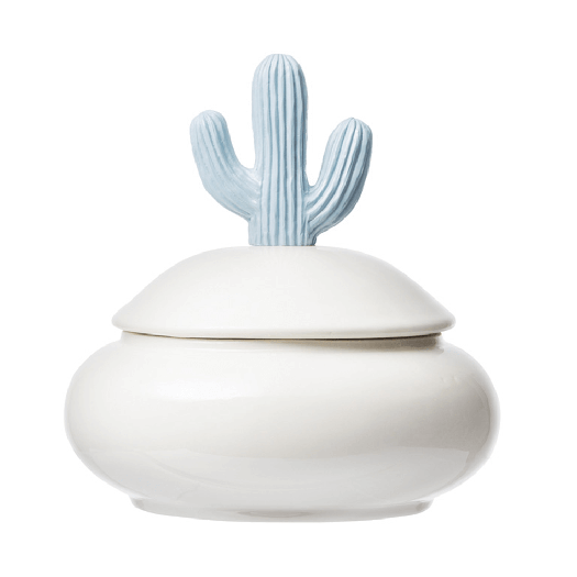 Small Resin & Porcelain Jar with Cactus Lid, Light Blue