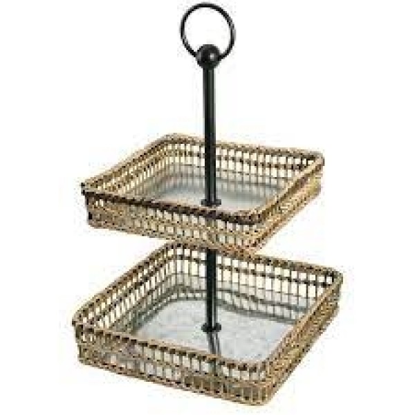 Square Metal & Bamboo 2-Tier Tray 