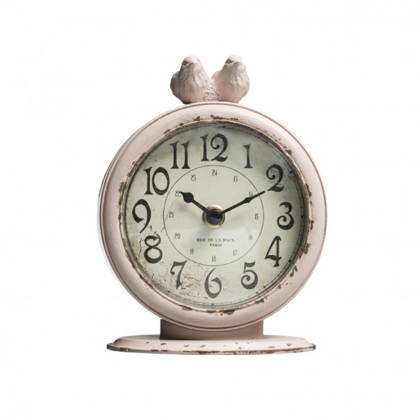 Pewter Table Clock with Birds pink