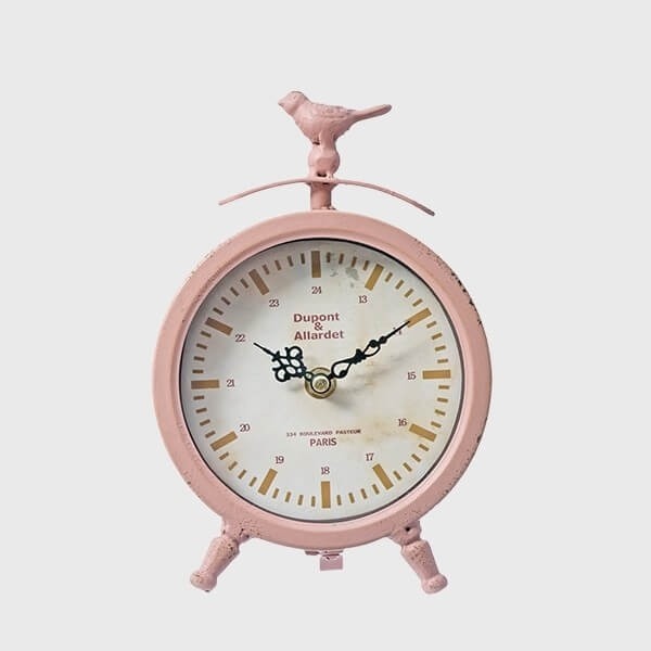 Metal & Glass Table Clock with Bird , Pink