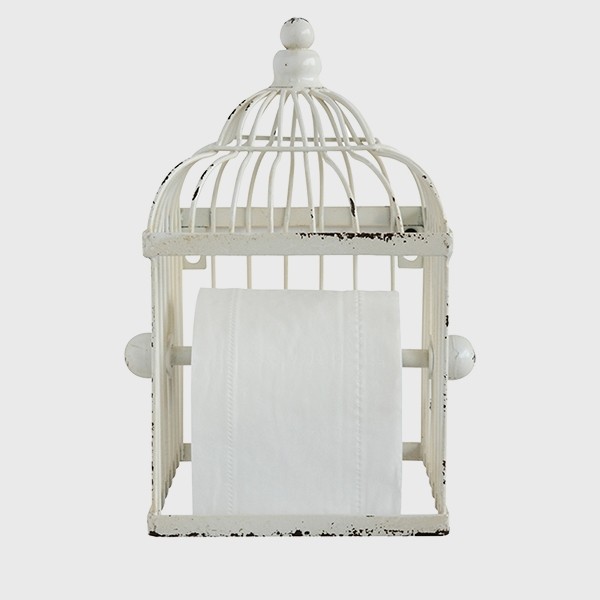 Metal Birdcage shaped toilet paper holder, Distressed White