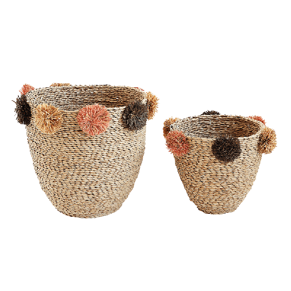 Natural Seagrass Baskets with Brown & Pink Pom Poms, Set of 2