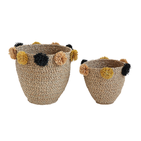 Natural Seagrass Baskets with Yellow & Black Pom Poms, Set of 2
