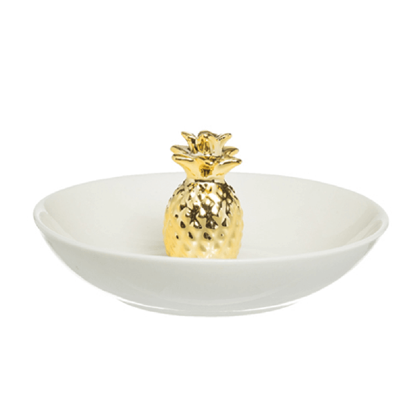 Stoneware Jewelry Holder with Gold Pineapple, White
