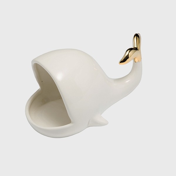 Stoneware Whale Shaped Jewelry Holder, Gold & White